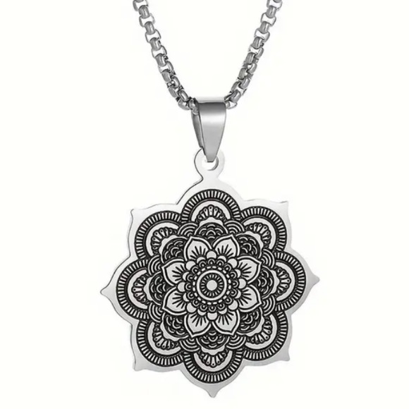Stainless Steel Mandala Pendant Necklace | 24” Chain | Boho Spiritual Jewelry - Picture 7 of 7
